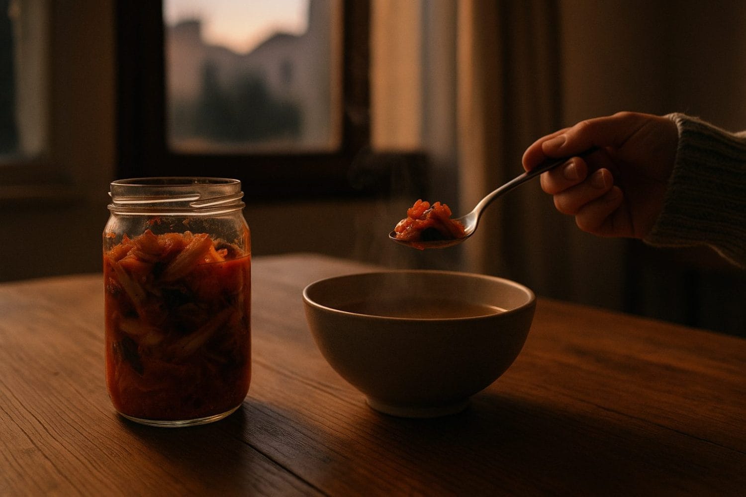 Σπιτικό kimchi για ζεστή ανοσοπροστασία — κουτάλι προσθέτει kimchi σε αχνιστό μπολ ζωμού δίπλα σε γυάλινο βάζο.