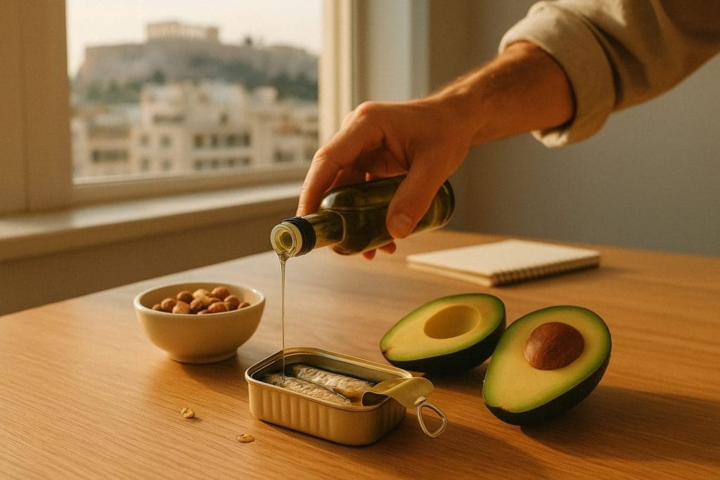 Καλά λιπαρά για ανδρική υγεία: χέρι ρίχνει ελαιόλαδο σε σαρδέλες, δίπλα αβοκάντο και αμύγδαλα σε φωτεινό γραφείο – November challenge.