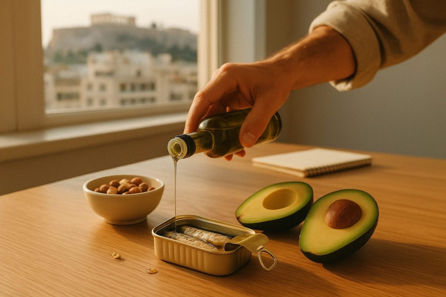 Καλά λιπαρά για ανδρική υγεία: χέρι ρίχνει ελαιόλαδο σε σαρδέλες, δίπλα αβοκάντο και αμύγδαλα σε φωτεινό γραφείο – November challenge.