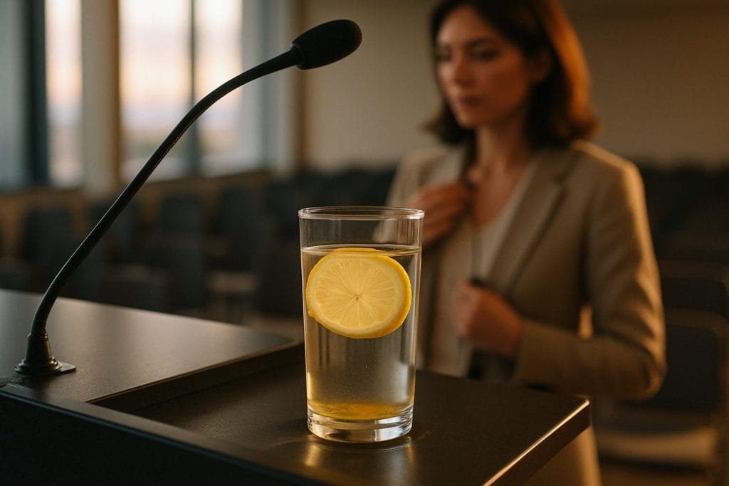 Διατροφή για γερή φωνή — ποτήρι χλιαρό νερό με λεμόνι πάνω στο βήμα πριν από παρουσίαση.