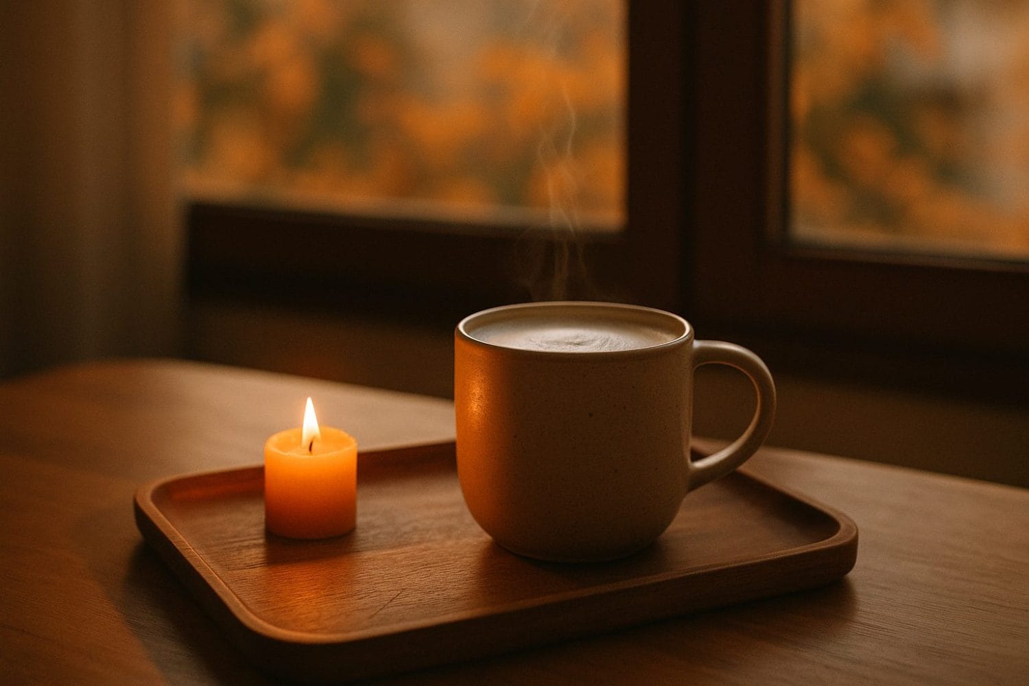 Valerian latte σε κεραμική κούπα με αχνιστό αφρό δίπλα σε κερί — χαλάρωση τα φθινοπωρινά βράδια.