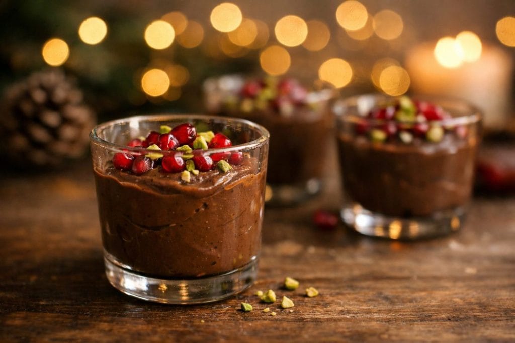 Χριστουγεννιάτικη κρέμα αβοκάντο κακάο σε γυάλινο ποτήρι, γαρνιρισμένη με ρόδι και ξηρούς καρπούς, σε ζεστό εορταστικό φωτισμό.