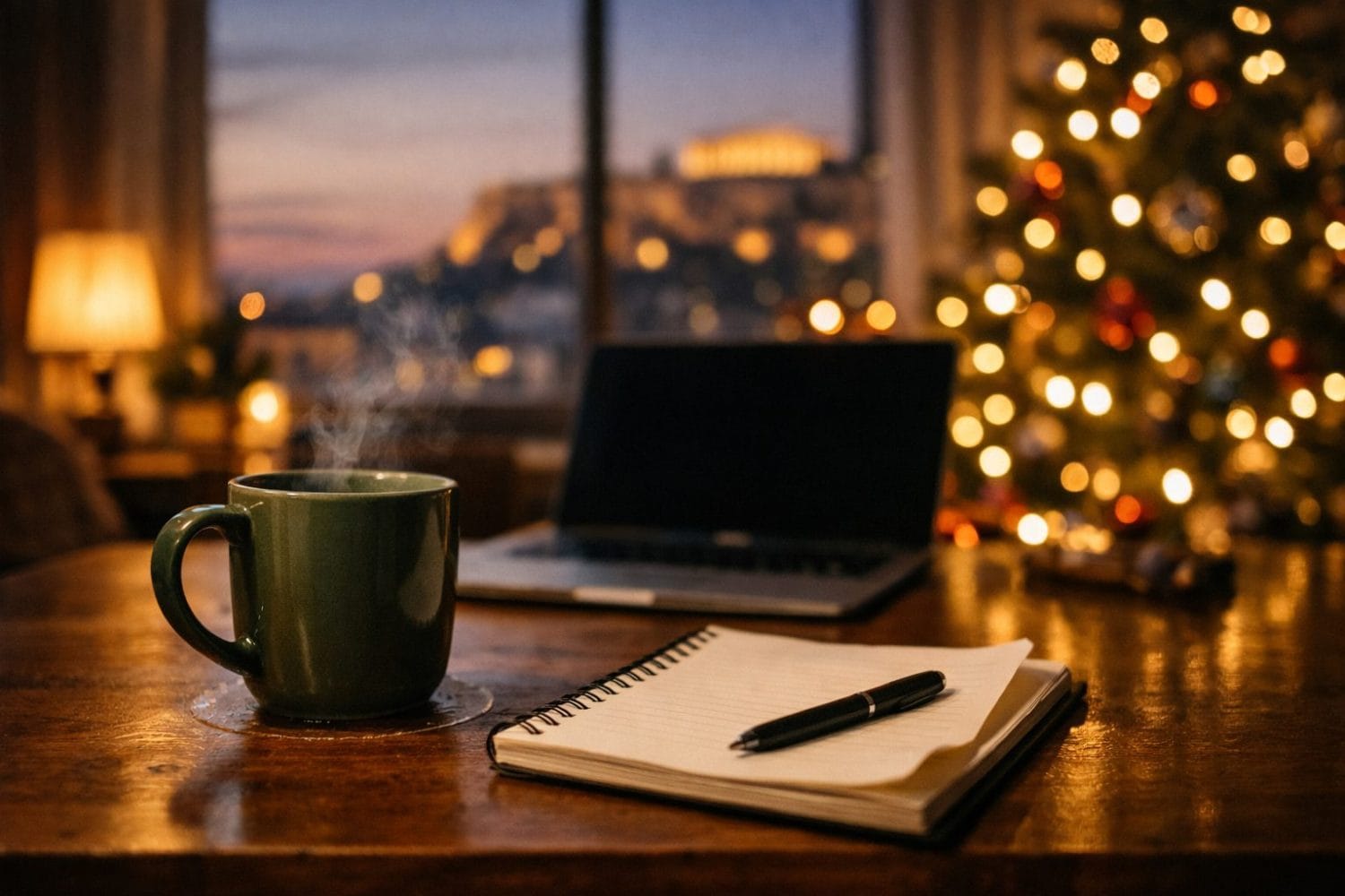 Christmas Eve self care — ζεστό ρόφημα, σημειωματάριο και laptop σε εορταστικό περιβάλλον για remote εργαζομένους.