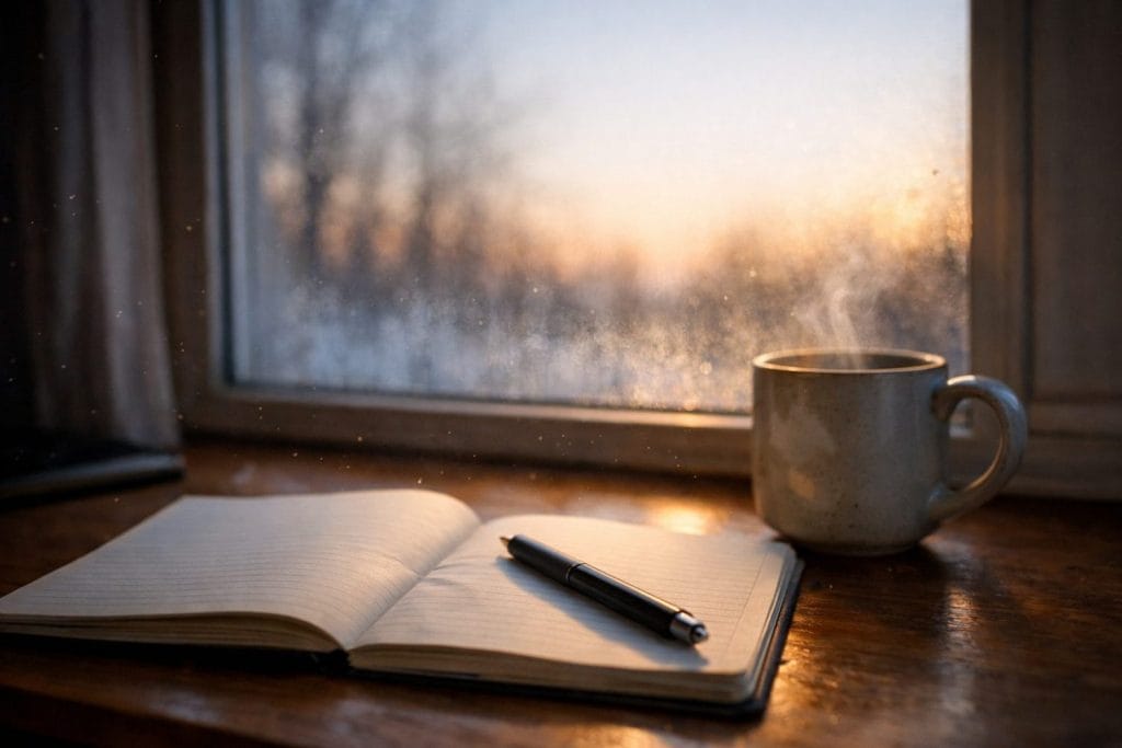 Άγχος διαγωνισμάτων Δεκεμβρίου — ανοιχτό σημειωματάριο και ζεστό ρόφημα δίπλα στο παράθυρο, ήρεμο περιβάλλον μελέτης.