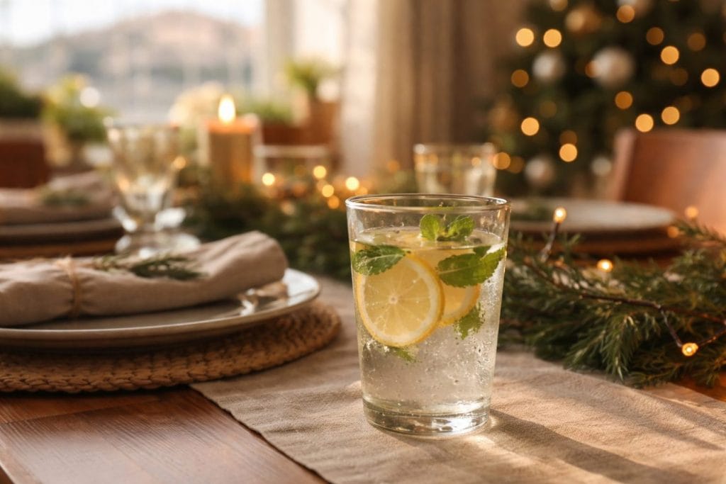 Detox ανάμεσα στα γιορτινά τραπέζια — ποτήρι νερό με λεμόνι και δυόσμο σε εορταστικό τραπέζι με κεράκια και χριστουγεννιάτικο φωτισμό.