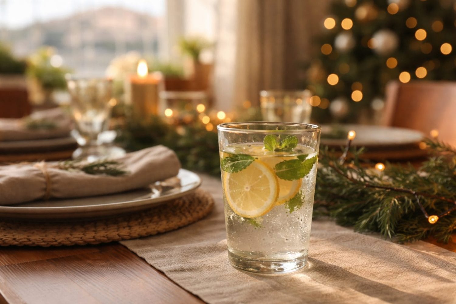 Detox ανάμεσα στα γιορτινά τραπέζια — ποτήρι νερό με λεμόνι και δυόσμο σε εορταστικό τραπέζι με κεράκια και χριστουγεννιάτικο φωτισμό.