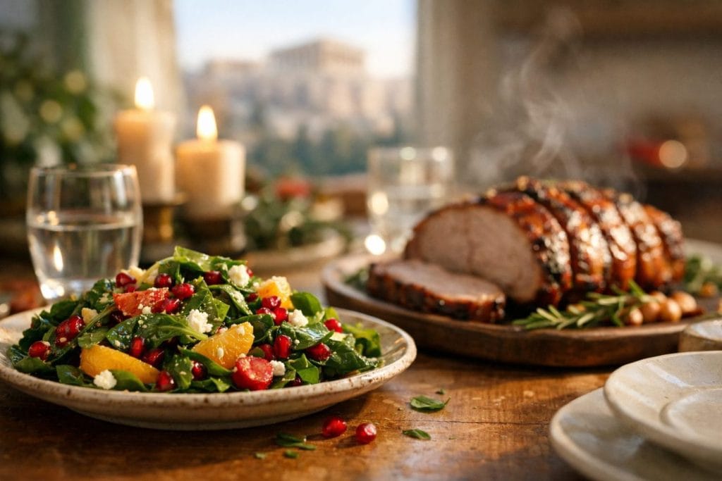 Γιορτινά γεύματα χωρίς μεταβολική ενοχή — πράσινη σαλάτα με ρόδι και εσπεριδοειδή δίπλα σε ψητό κρέας σε ζεστό, εορταστικό τραπέζι.