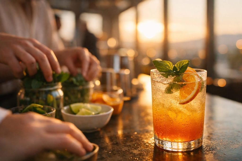 liver friendly mocktails σε corporate party — δροσιστικό mocktail με πορτοκάλι, δυόσμο και πάγο σε φωτισμό ηλιοβασιλέματος.
