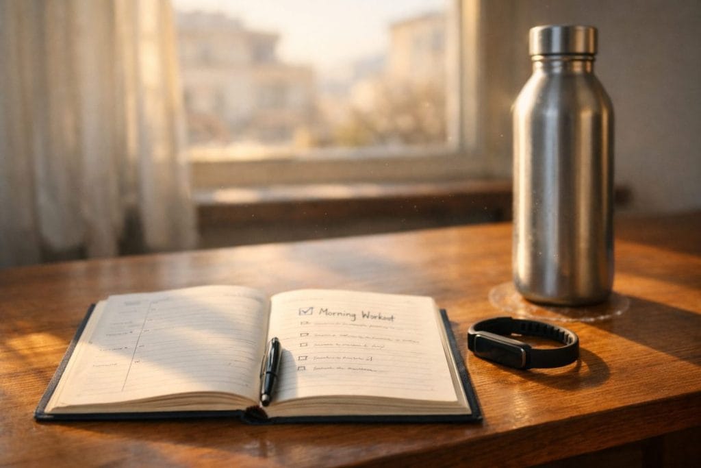 Ρεαλιστικοί στόχοι υγείας για το 2026 — σημειωματάριο στόχων, μπουκάλι νερού και fitness tracker σε φωτεινό γραφείο.