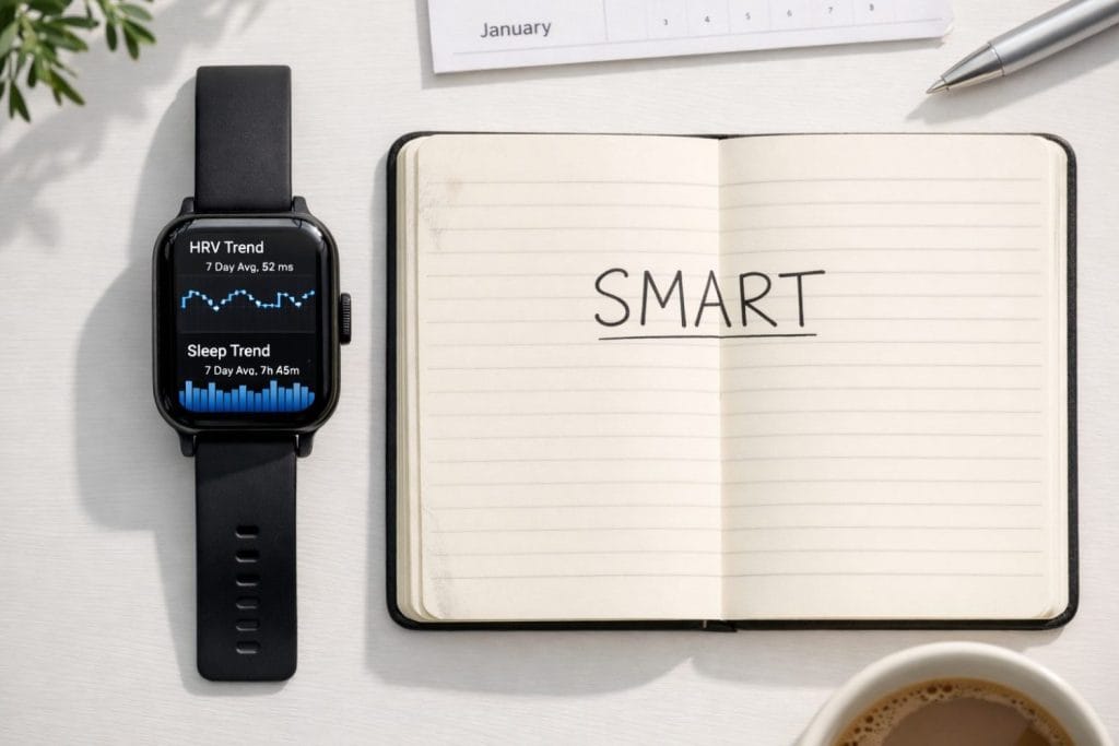 SMART goals 2026 — smartwatch με δεδομένα HRV και ύπνου δίπλα σε σημειωματάριο στόχων, σε καθαρό εργασιακό περιβάλλον.