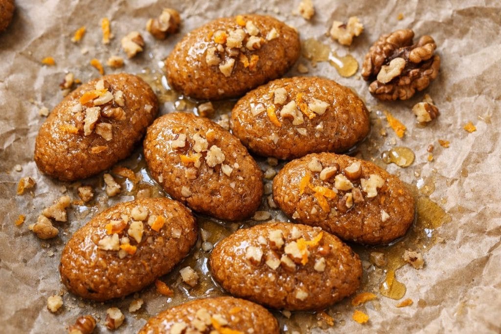 Μελομακάρονα χωρίς ζάχαρη σε λαδόκολλα, γαρνιρισμένα με καρύδια και ξύσμα πορτοκαλιού.