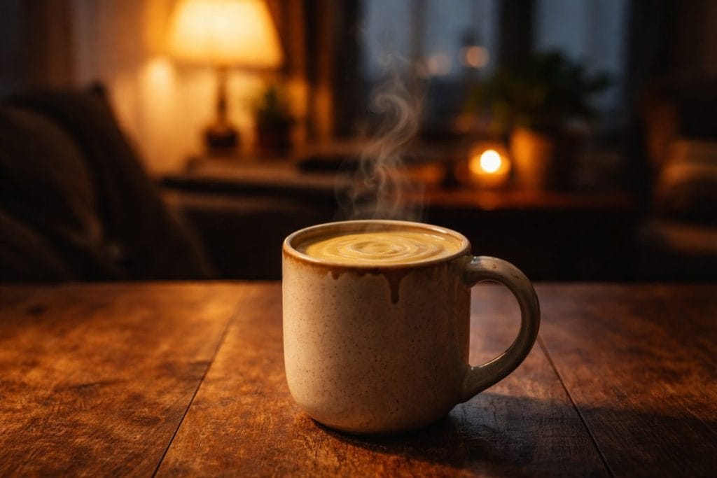 Ζεστή κρέμα αβοκάντο κακάο σε κεραμική κούπα, αχνιστή, πάνω σε ξύλινο τραπέζι σε ζεστό, χαμηλό φωτισμό.